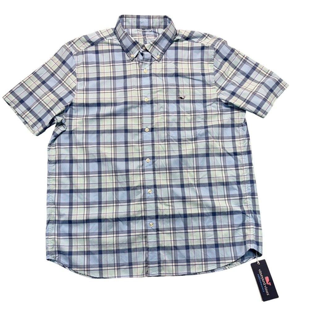 Vineyard Vines Mens Featherweight Performance Plaid SS Shirt Aqua Haze L NEW